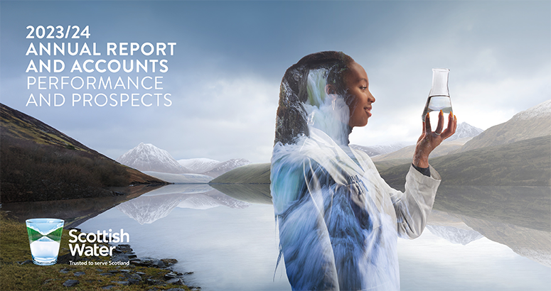 Annual Report cover 2023/24 Scottish Water specialist graduate Patricia Lopes holds up glass of water against scenic mountain background