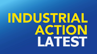 Industrial Action Latest blue tile with text Industrial Action Latest