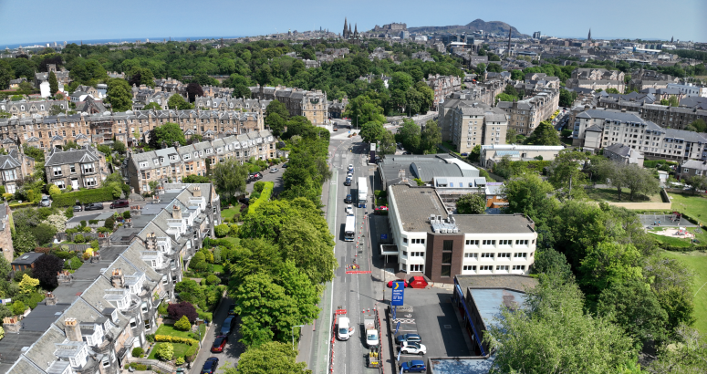 Corstorphine Road is reduced to one lane under temporary traffic lights IUW Murrayfield Corstorphine Road