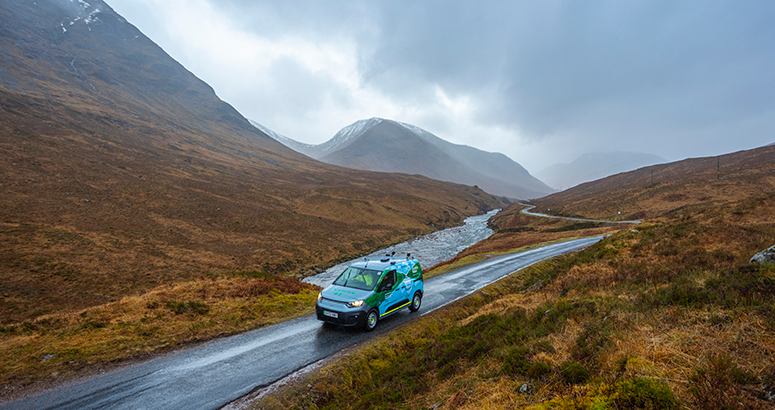 Charges announced 2025 to 2026 Scottish Water van on the main road through Glencoe with snowy mountain backdrop