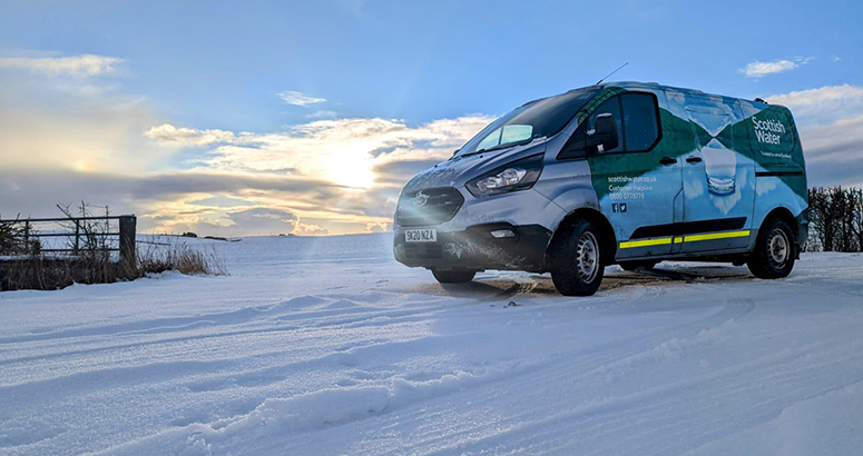 Scottish Water van winter Scottish Water van on snowy road in winter