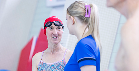 Never Too Late Learn to Swim Learn to Swim instructor Lucy McCluskey talks to Dierdre Phoenix at her adult swim lesson