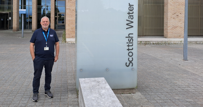 John MacLeod outside Scottish Water Head Office 40 Years Service