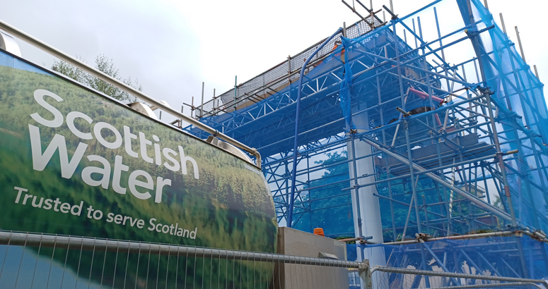 Large scaffolding towers are built and water used to push the lining through Kings Inch Road Sewer Upgrade