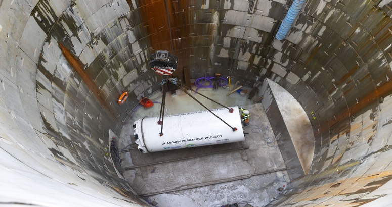 The TBM was lowered to the bottom of a 20 metre deep shaft Glasgow Resilience Project