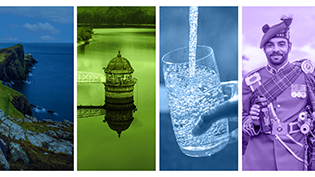 Scottish Water Interim Report December 2023 Front cover image of the Interim Report and Accounts showing sea view, reservoir, glass and man in kilt with Scottish Water refillable bottle