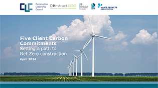 Construct Zero line of wind turbines in a green field with blue sky and Construction Industry Council logo banner