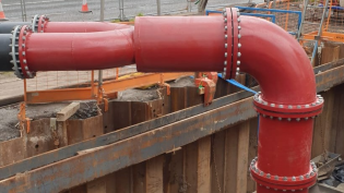 The bypass has been connected to custom-made valves on the existing rising main Kings Inch Road Sewer Upgrade