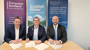 MOU Water Charges Signing left to right Sam Ghibaldan, Chief Executive of Consumer Scotland, Alex Plant, CEO of Scottish Water and David Satti, Interim CEOfor WICS signing memorandum of understanding for water charges