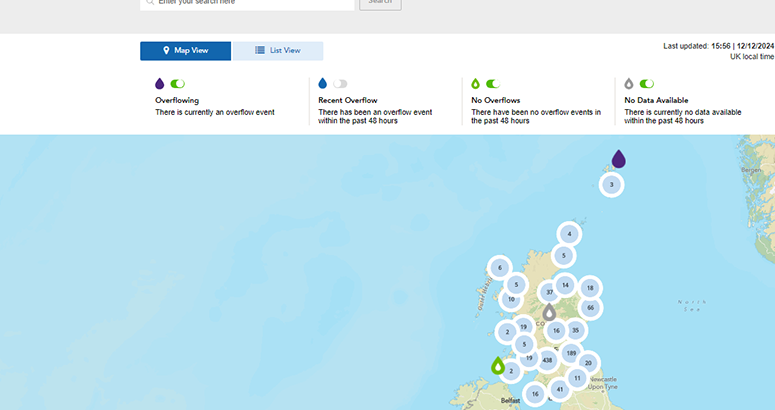 screenshot of Scottish Water's overflow map